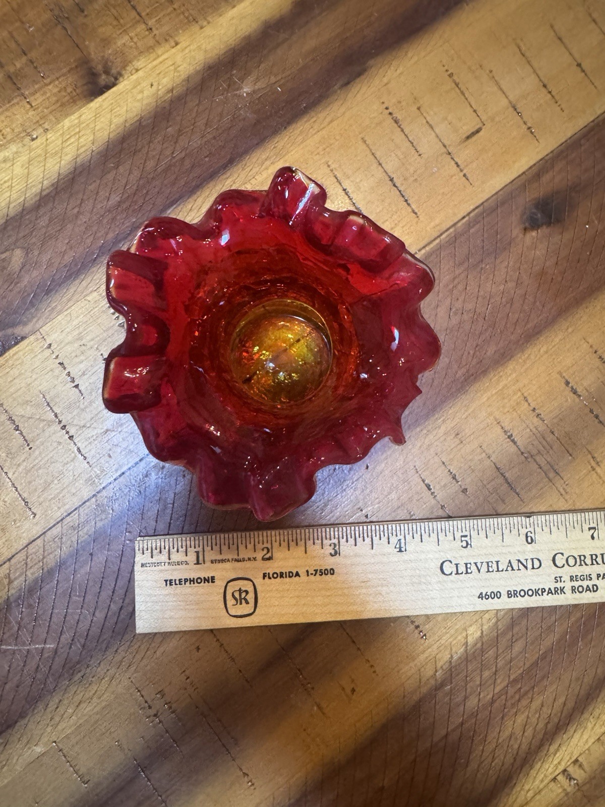 Vintage Amberina Crackle Glass Vase Mid Century Ruffled Rim CHIP Red Yellow