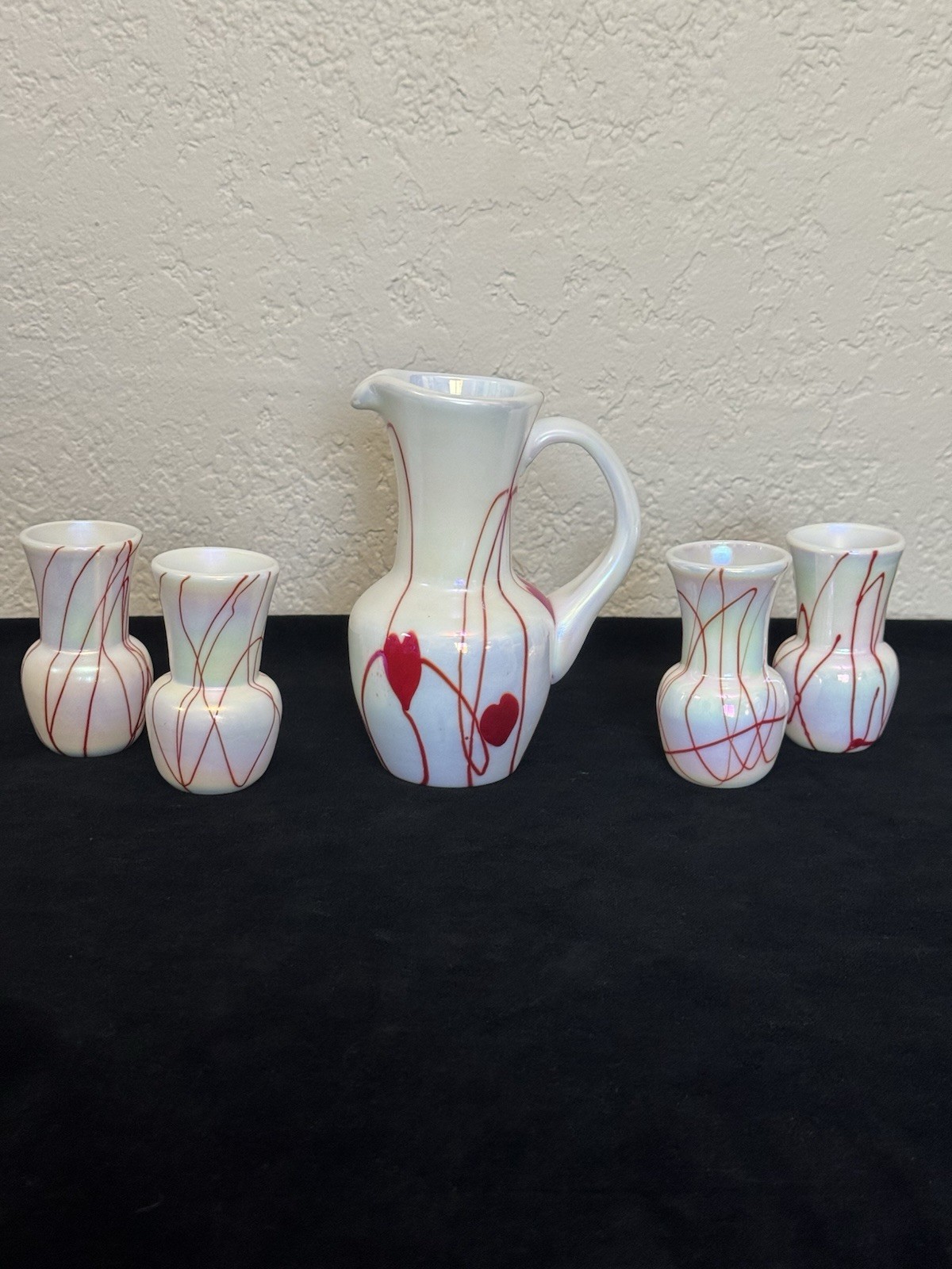 Gibson Glass Hanging Hearts CCGA Souvenir Iridized Mini Pitcher Set 1995