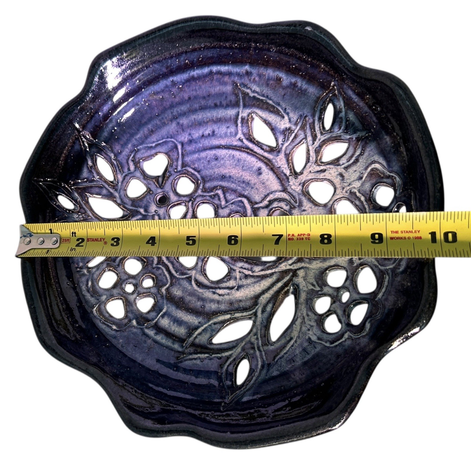 Studio Art Pottery Carved Fruit Bowl 10” Ceramic Decorative Beautiful Blue Tones