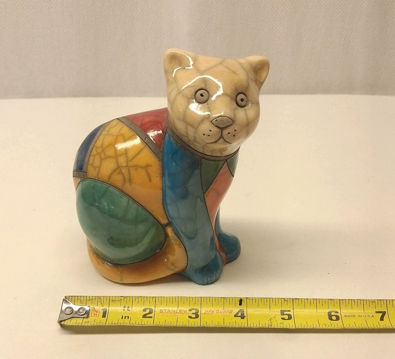 Vintage Fenix South African Raku Pottery Cat Figurine Patchwork Ceramic Art 5.5″