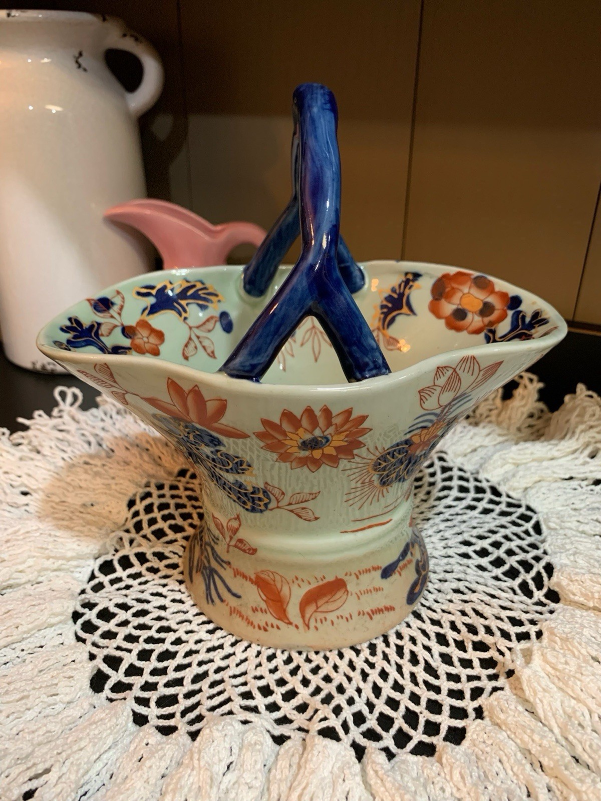 Ironstone Decorative Basket Dish Bowl Cobalt Blue Handle