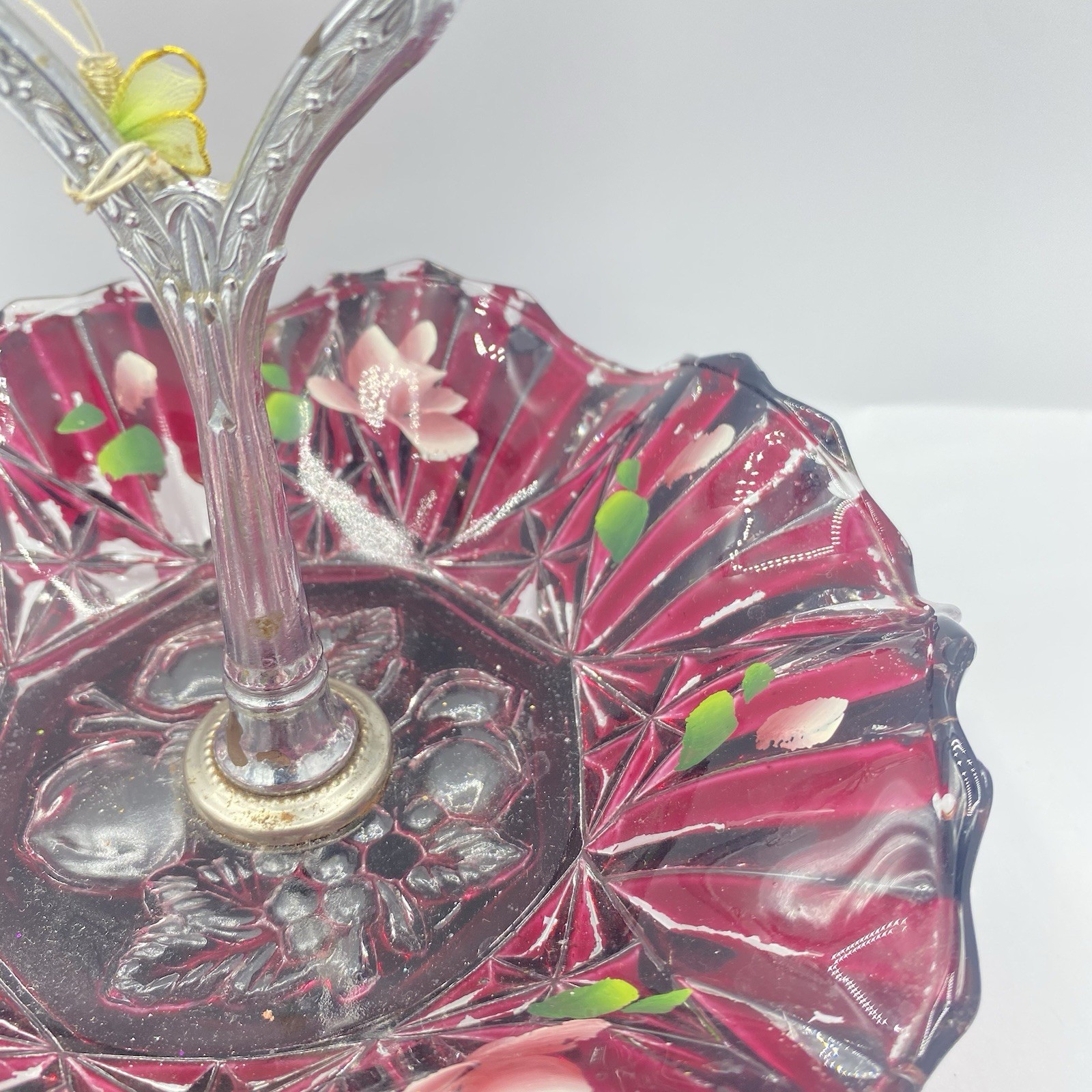 Opalescent Cranberry Glass Brides Basket Silver Plate Stand Floral