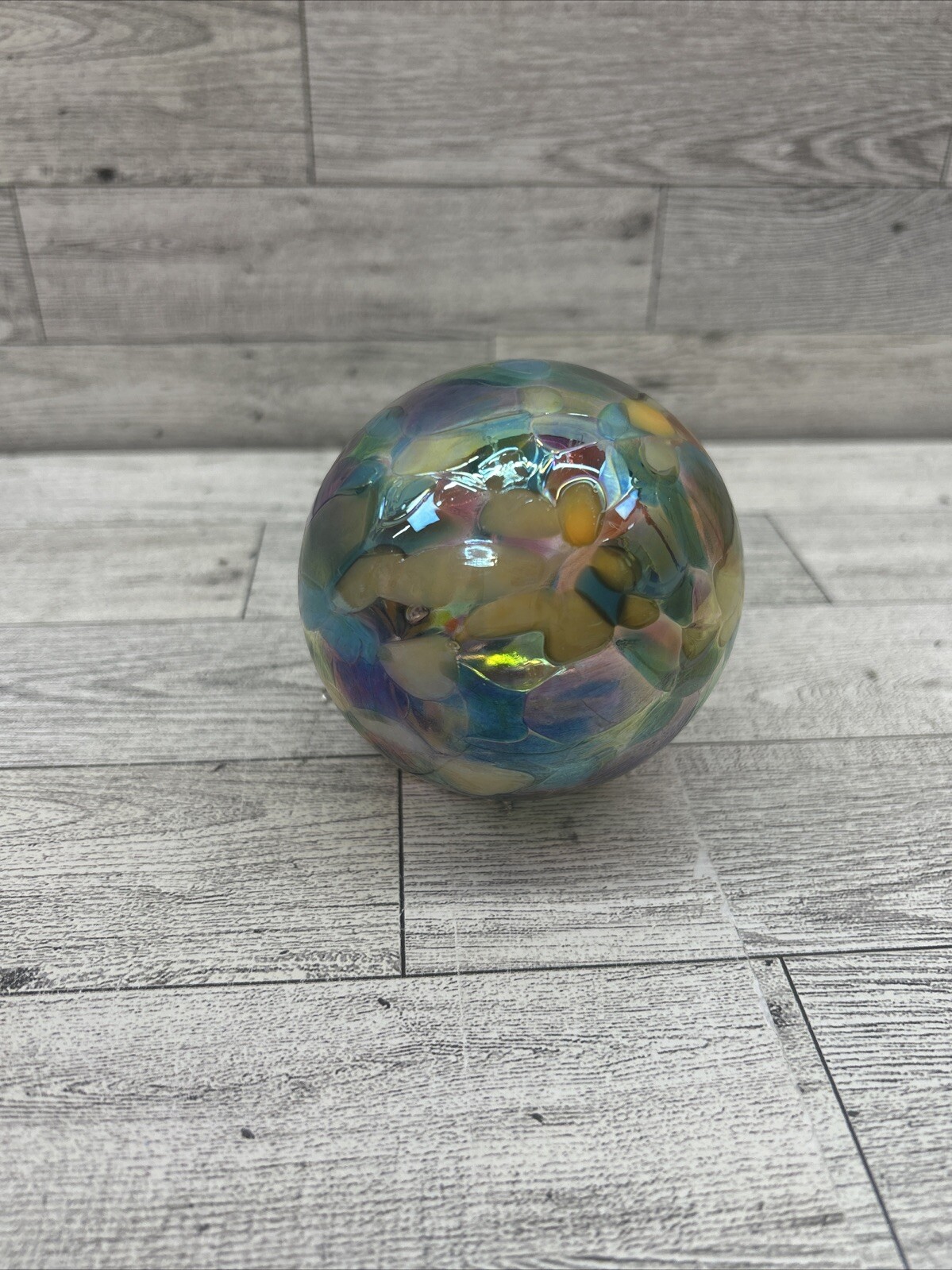 Hand Blown Art Glass Gazing Ball Blue Orange Iridescent 3.5″Ornament Sun Catcher