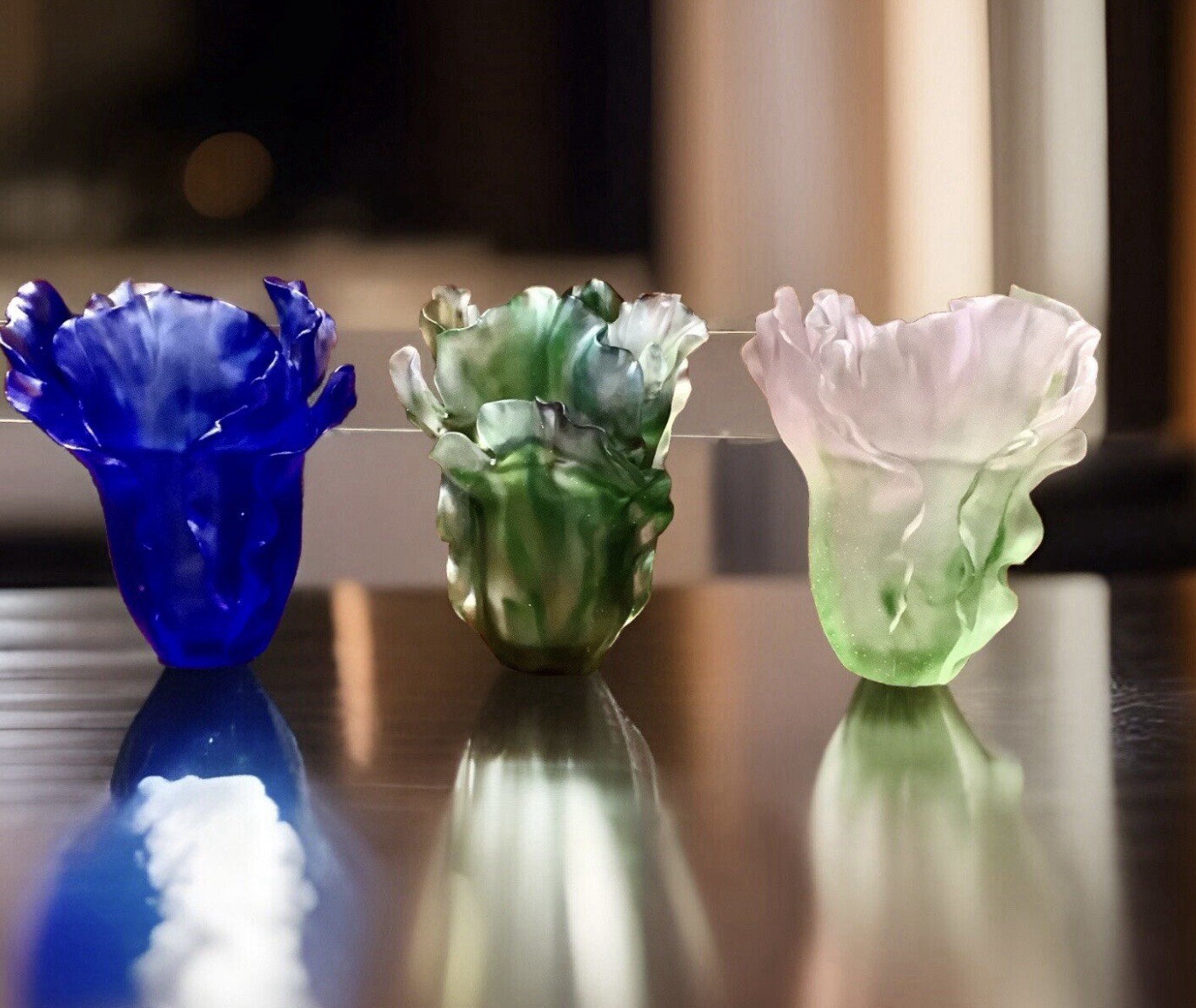 Set Of 3 Gingo Vase Nancy Daum Style Vases H6” Made From Crystal Maker Unknown