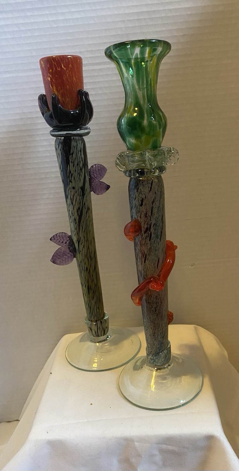 Vintage MIHAI TOPESCU ROMANIAN HANDBLOWN ART GLASS CANDLE STICKS