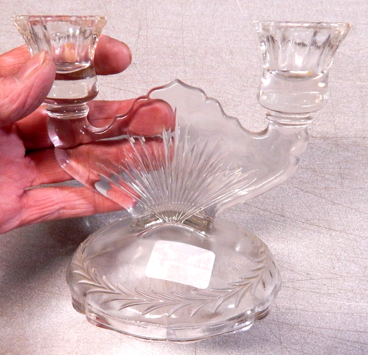 2 TWO Glass Double Candlestick Antique JEANNETTE Depression Herringbone 1935