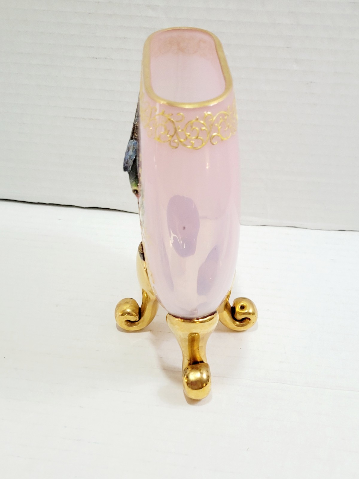 MOSER Victorian Glass Pillow Vase Pink & Gold Enamel Painted Bird & Accorns Rare
