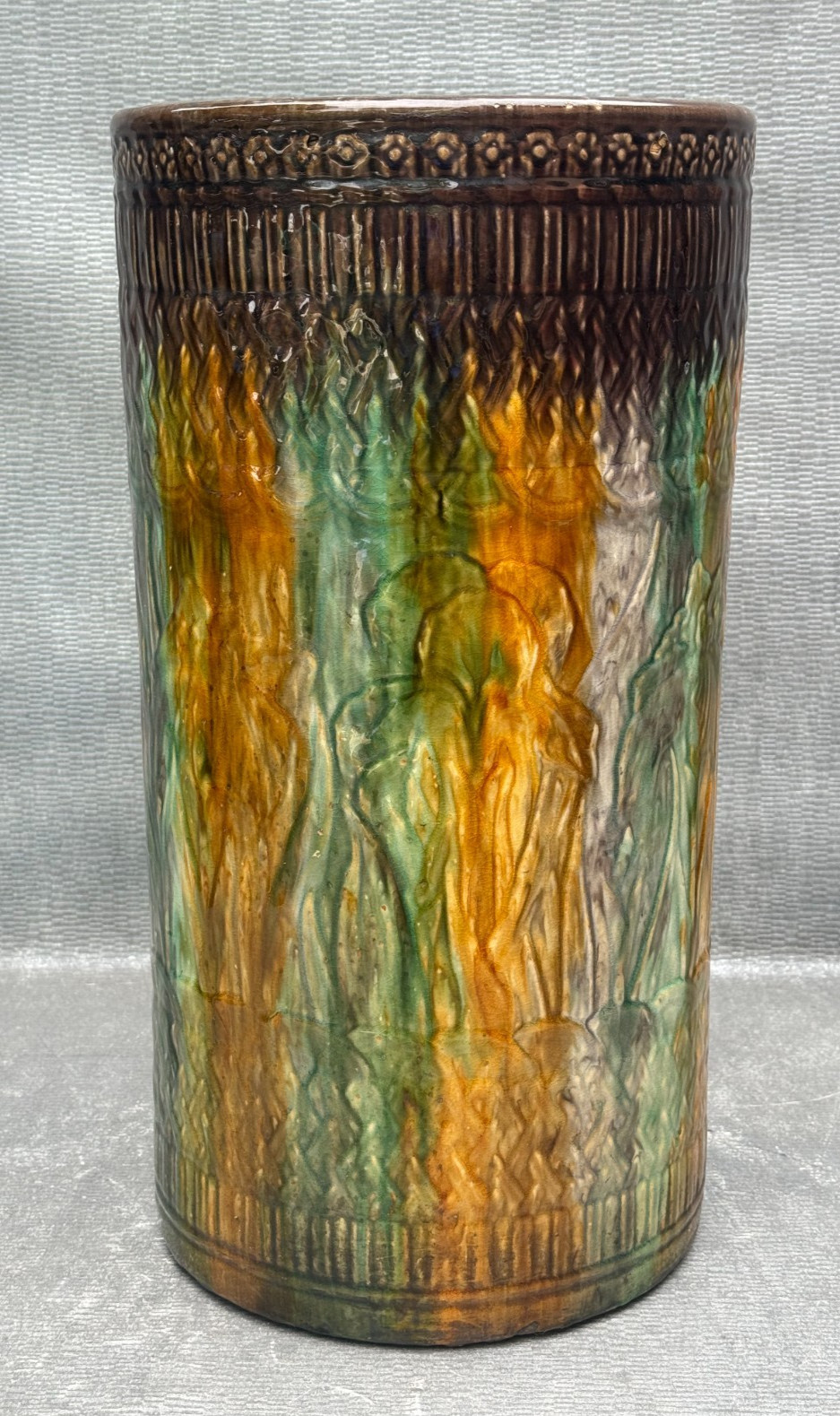 VINTAGE BOHO CHIC FLOOR VASE LARGE STONEWARE POTTERY BIN EXOTIC DRIP GLAZE 20″