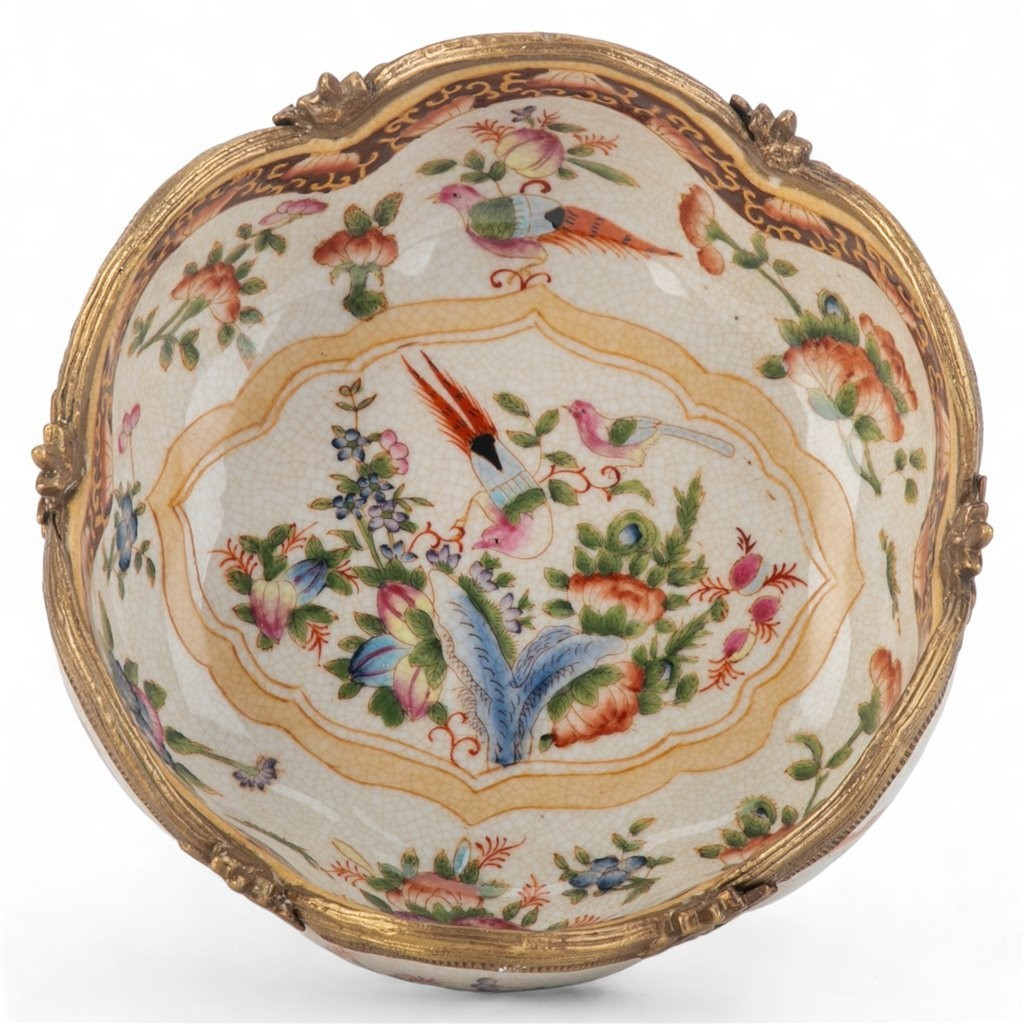 Regency Porcelain Cachepot Scallop Small Planter with Bronze Ormolu-7.5” x 4”H