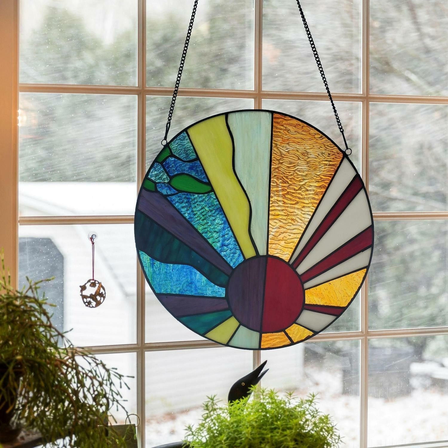 Geometric Rays of Sunshine Round Stained Glass Window Panel Suncatcher 12.75in