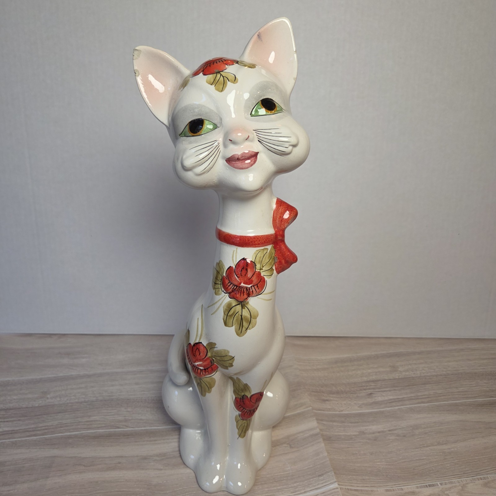 Vintage Italian Pottery MCM Long Neck Cat Painted with Flowers Made In Italy 15″