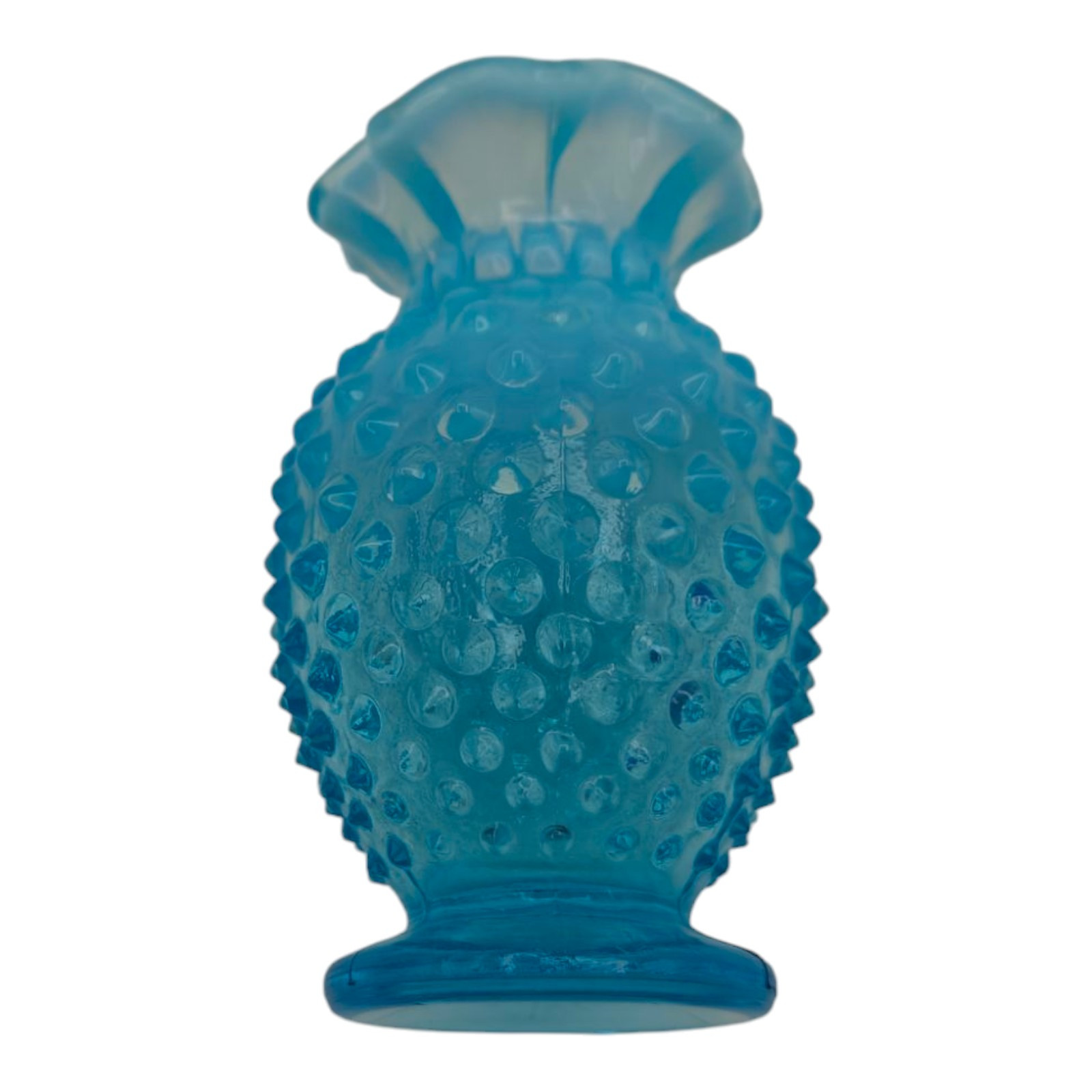 Vintage Fenton Aqua Blue Opaline Opalescent Glass Hobnail Crimp Mini Vase READ