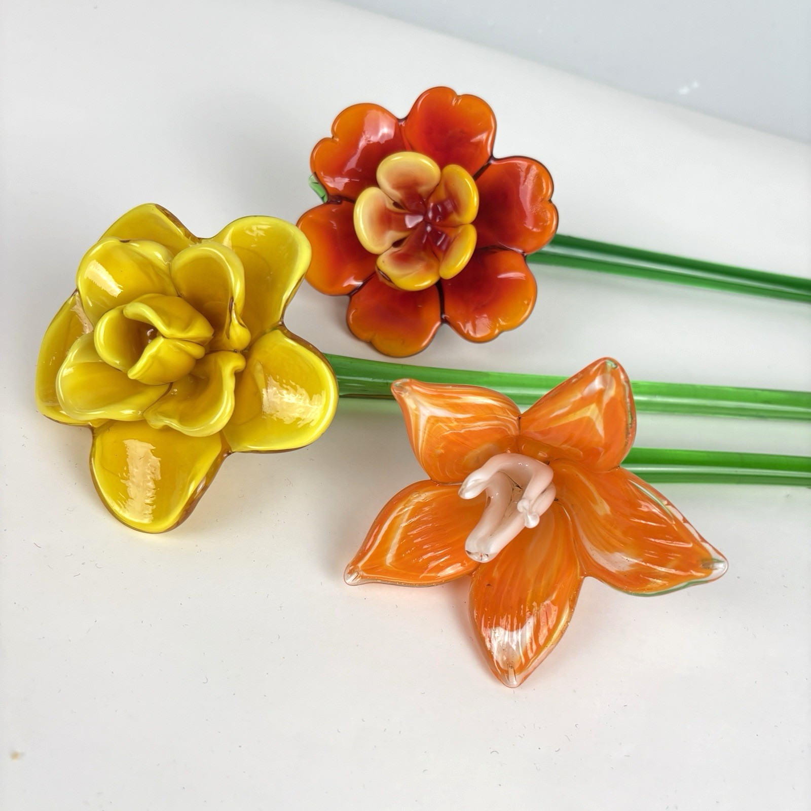 Lot 3 Long Stem Glass Flower Hand Blown Orange Yellow 19″ +15″ Elegant Decor Art