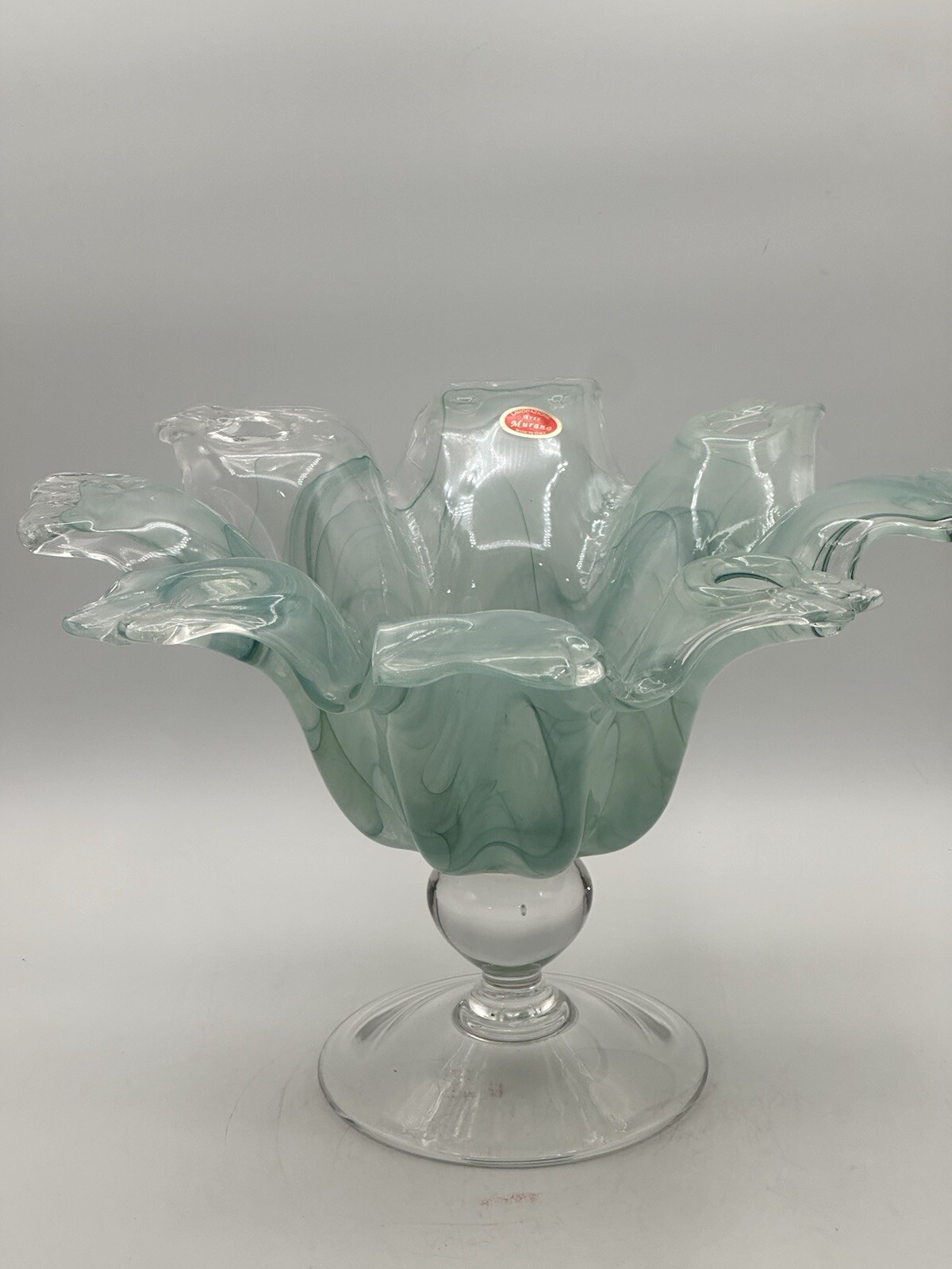 Lavorazione Arte Murano Mint Green And Clear Stretch Glass Compote On Clear Base