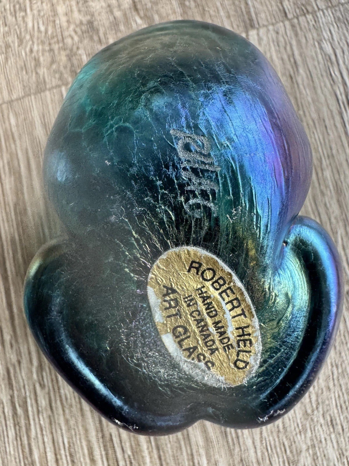Robert Held Art Glass Iridescent Purple Blue Frog Paperweight Signed RHAG Canada
