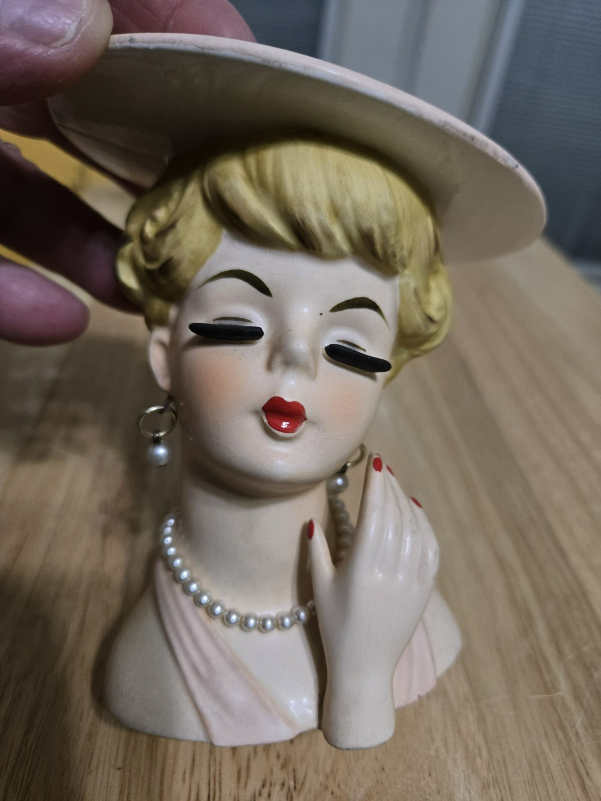 Lefton #4290 Head Vase in Pink Necklace, Earrings Blonde 6″ RARE