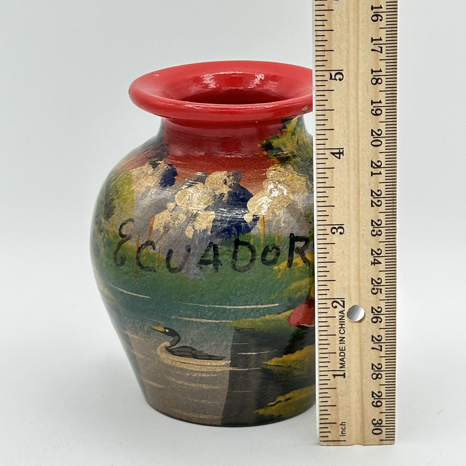 Ecuador Art Pottery Vase Beautifully Hand Painted Red Interior 4.5 Inches Tall
