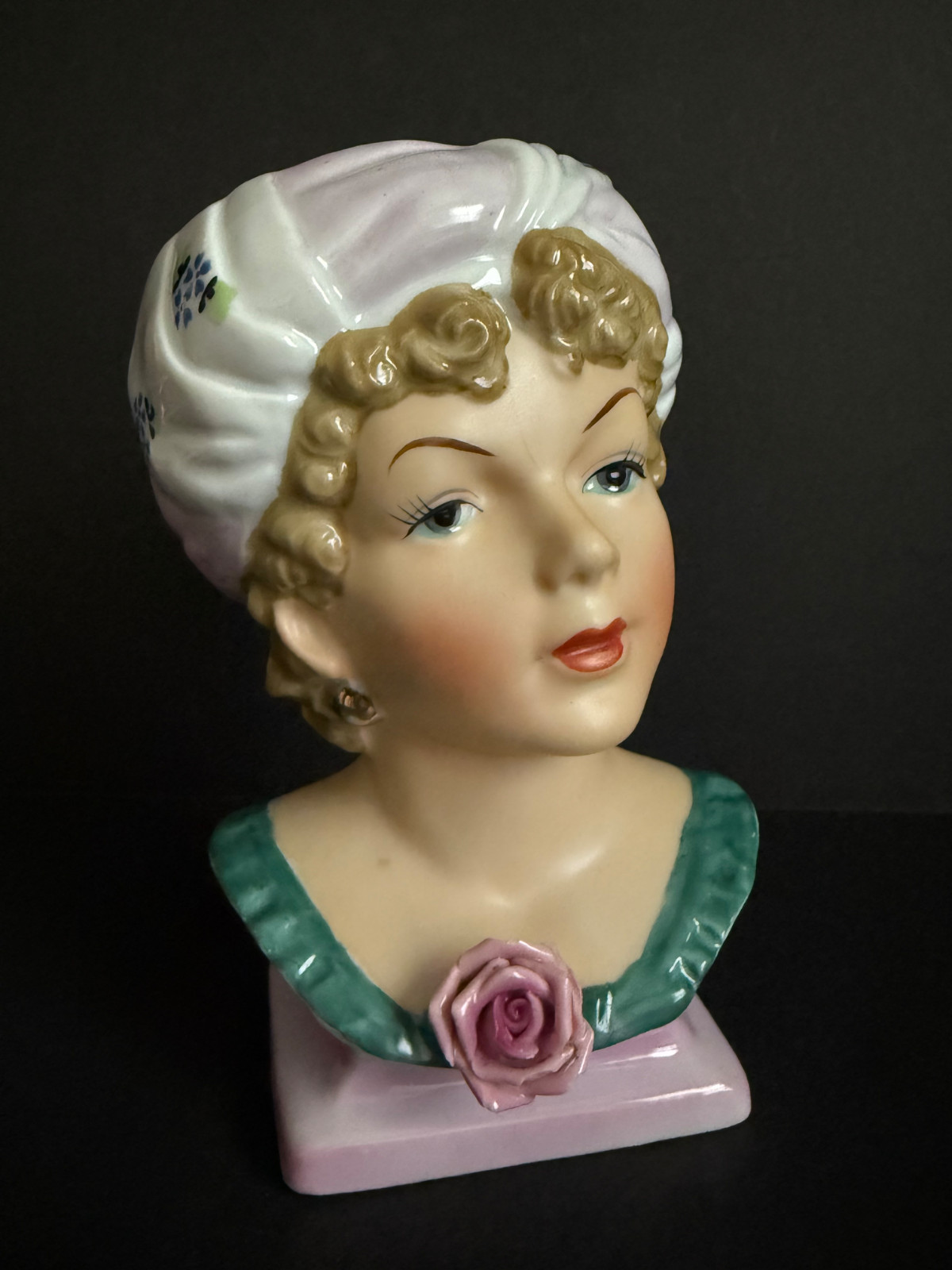 VINTAGE LADY HEAD VASE UCAGCO WITH TURBAN ON PEDESTAL 6.5”
