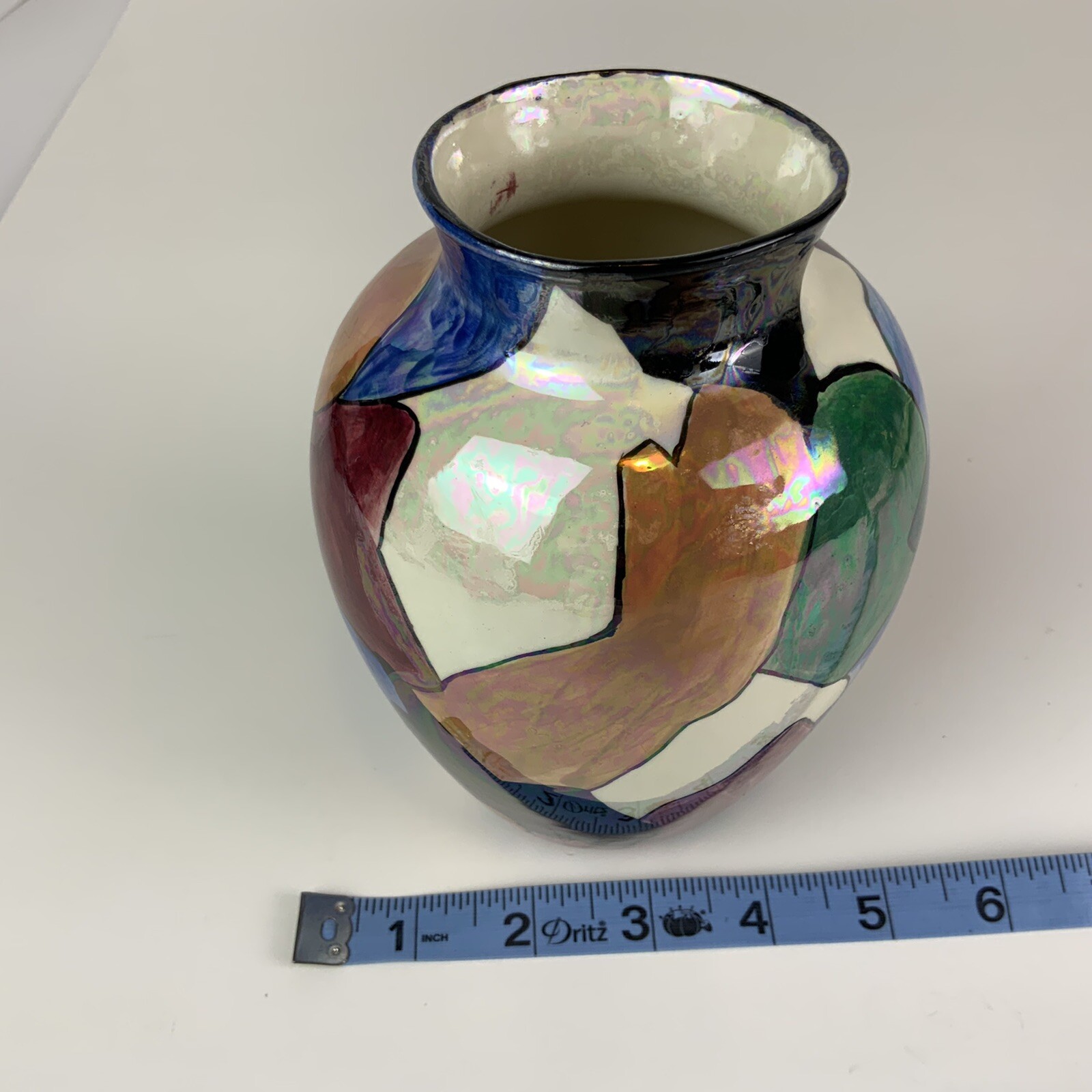 Porcelain Glazed Vase Patchwork Pattern Multi Vibrant Colors – Signed Liz