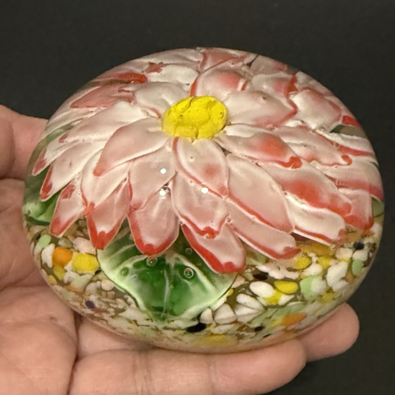 Murano Style Pink Dahlia Flower Art Glass Rounded Dome Paperweight 1.4lbs
