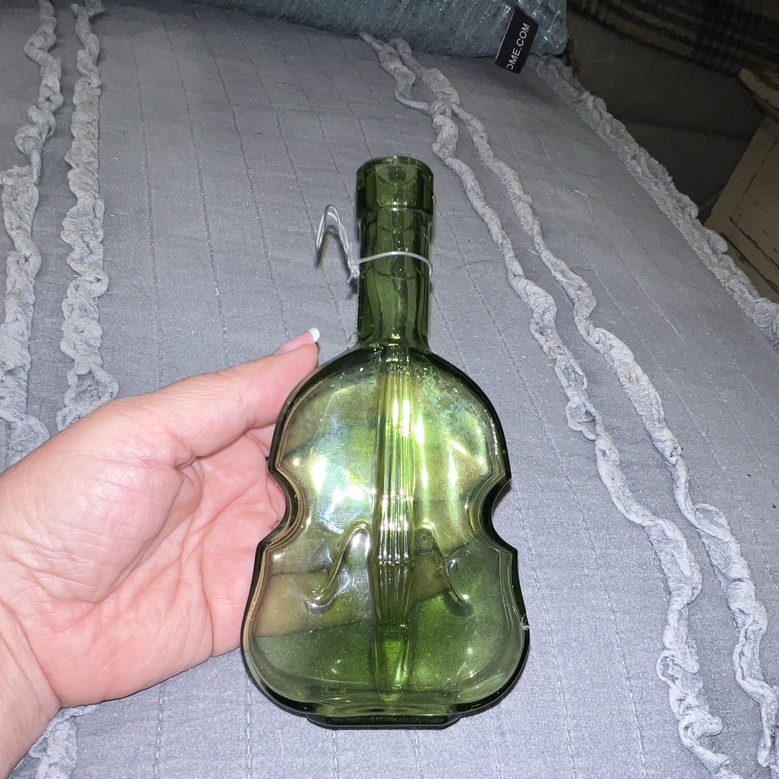 Green Glass Violin-Shaped Decorative Bottle, Music Theme Decor