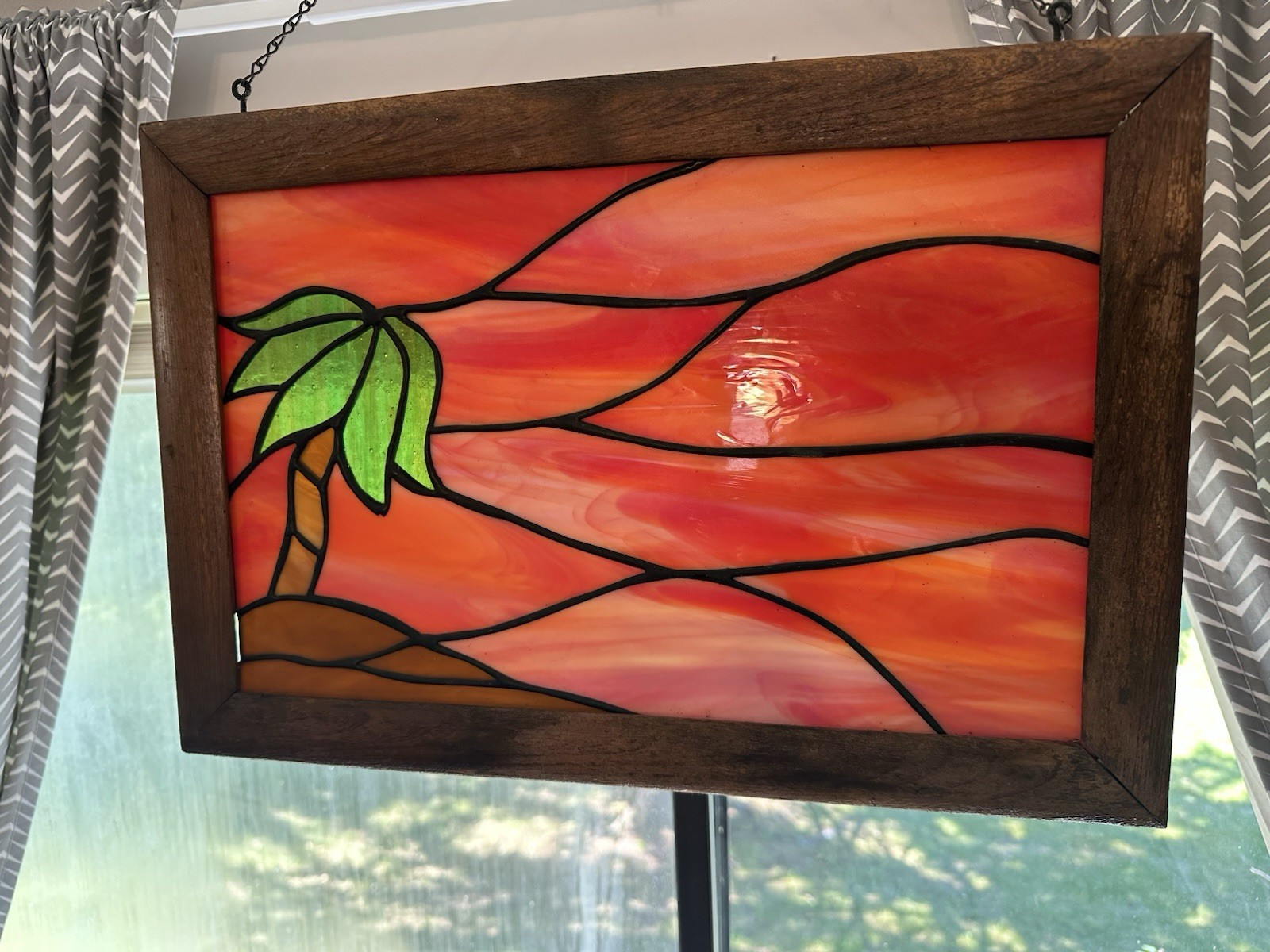 VTG Stained Glass Sunrise Sunset Sun Stained Glass Suncatcher Orange Palm Tree