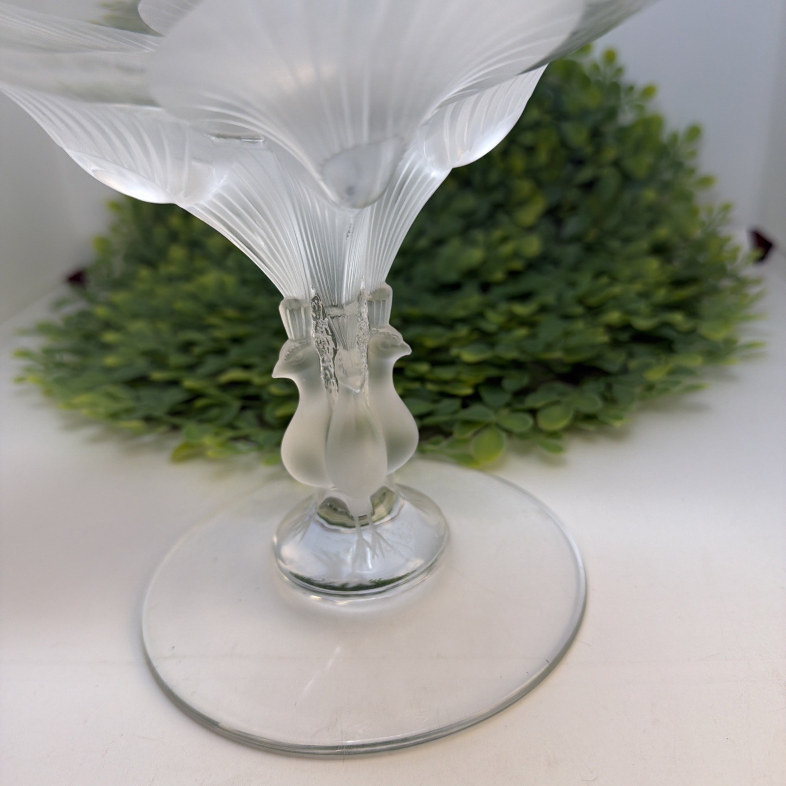 Vintage French Lalique Virginia Glass Peacocks Compote Frosted & Clear 7″