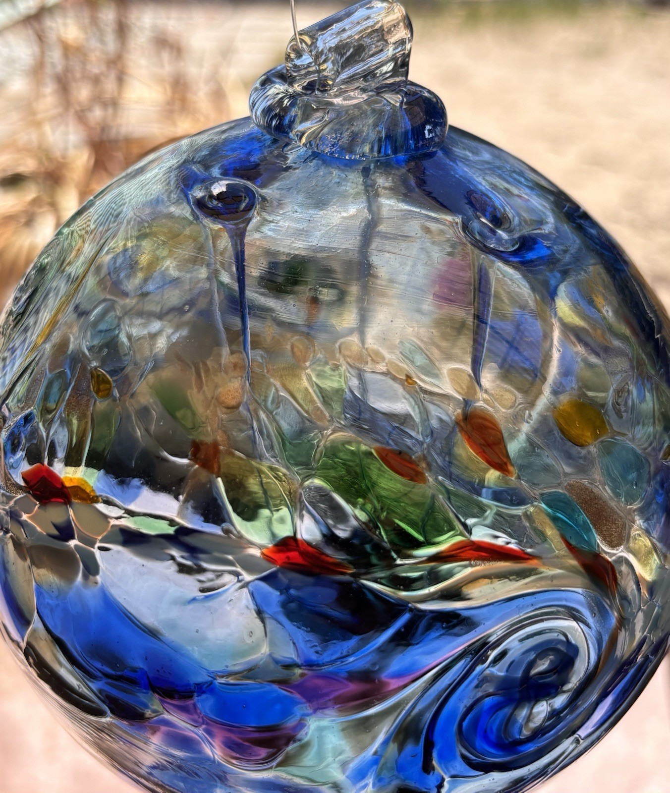 Hand Blown Art Glass Ball Blue Gold Aventurine Hanging Garden Orb Studio Glass