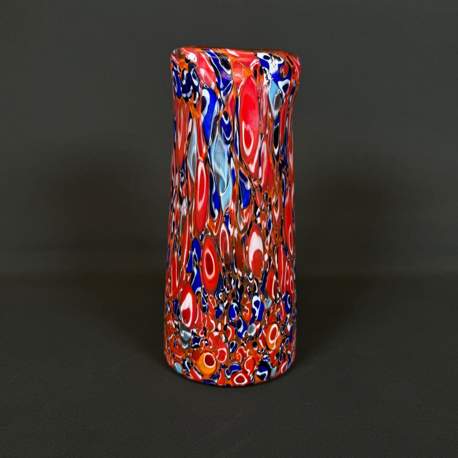 Murano Millefiori Art Glass Vase Red Orange Blue Multicolor 8″ Tall