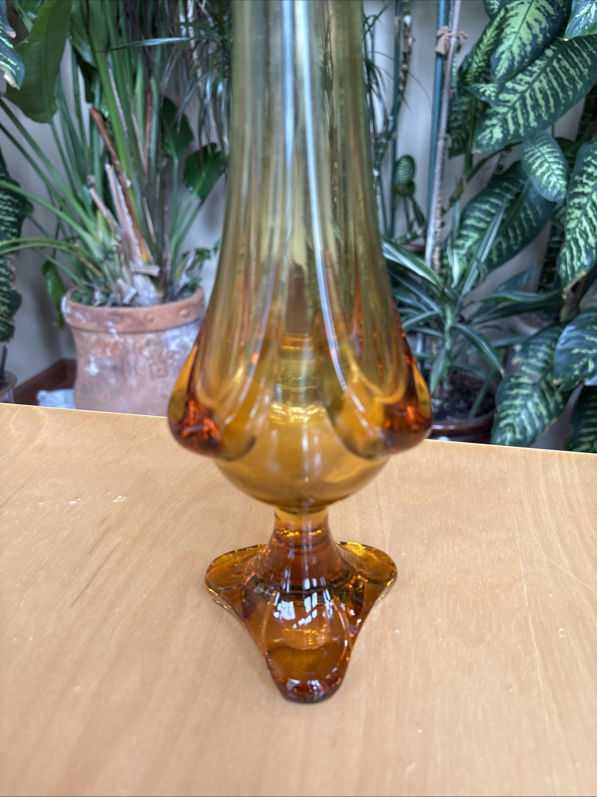 Vintage Viking Amber Glass Stretch Swung 3 Drape Vase 18 3/4″ tall