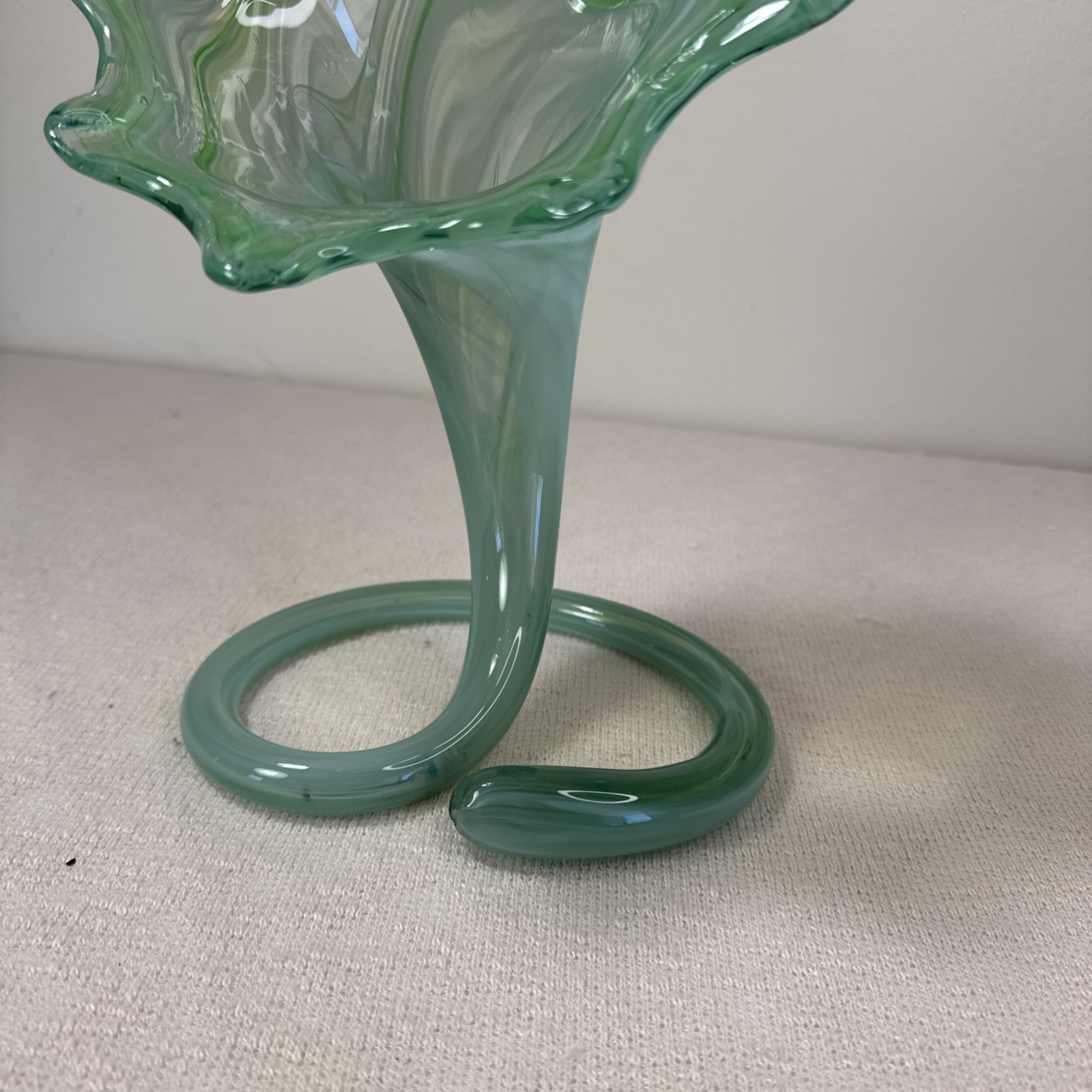 Hand Arch Class Trumpet Vase Light Blue Green Mint 12 Inches Murano Style