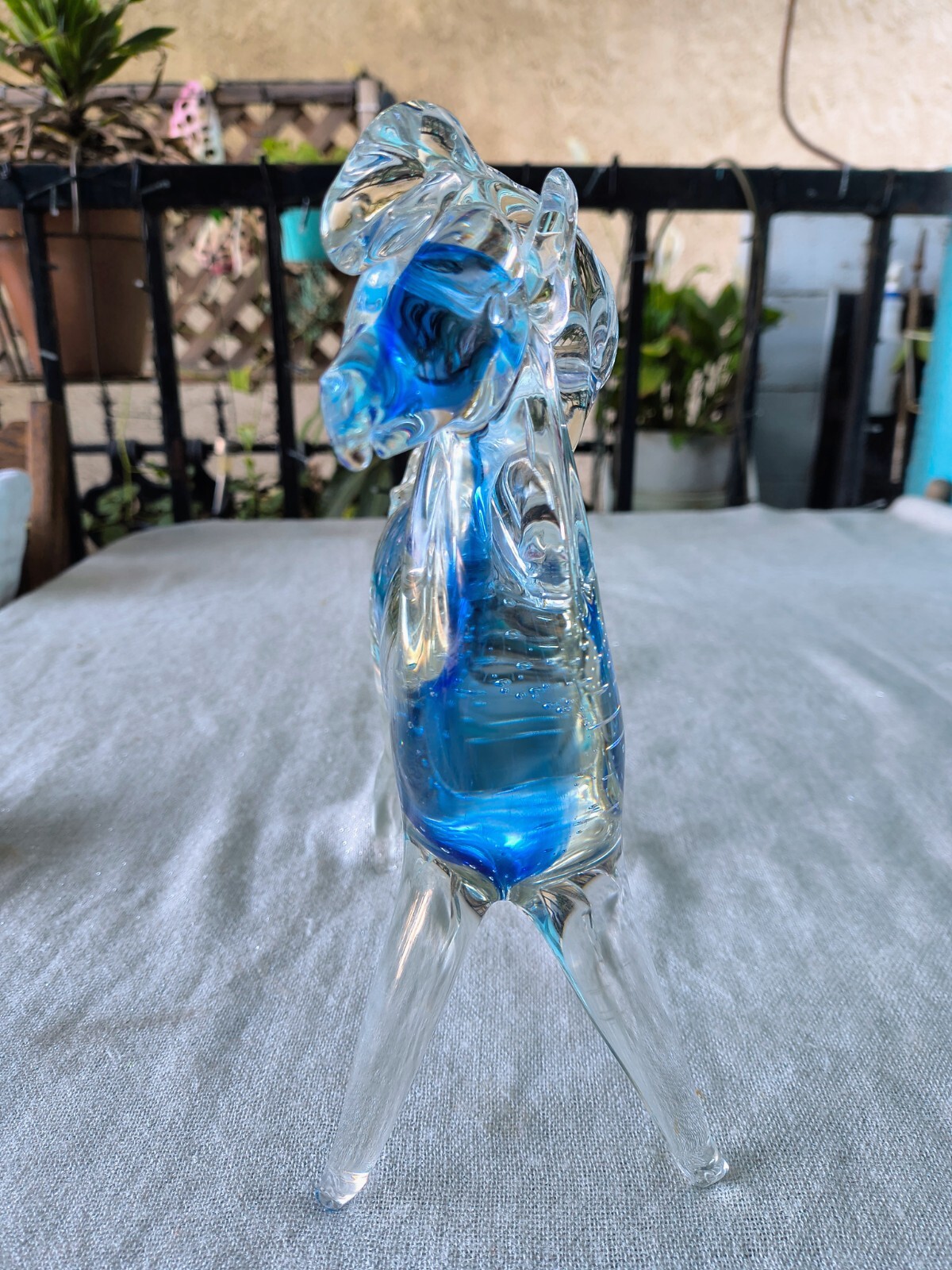 Vintage Handblown Clear and Blue Bubble Glass Horse Figurine