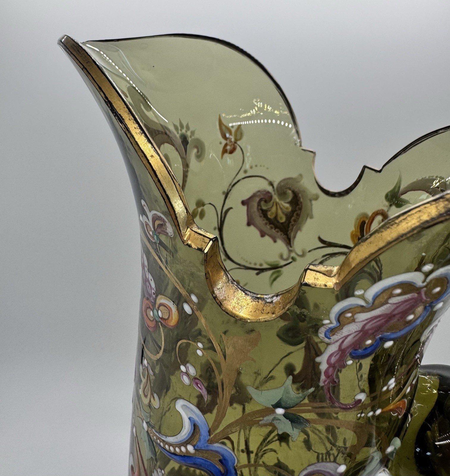 Antique Moser Art Glass Green Hunting Horn Gold Gilt Enamel 10.75″