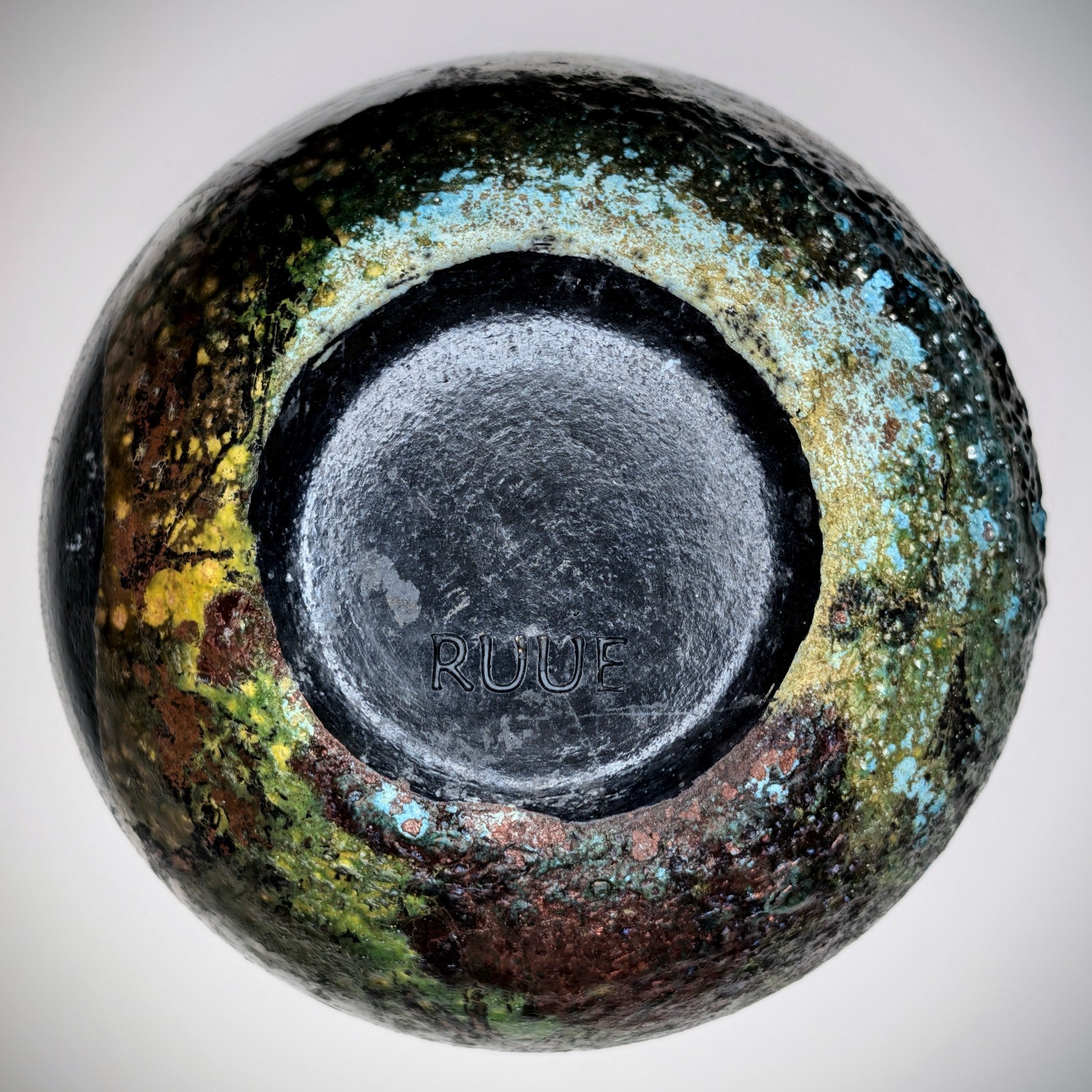 Raku Solar Eclipse Ellipse Vessel Split Glaze Metallic Matte Black Moss Green