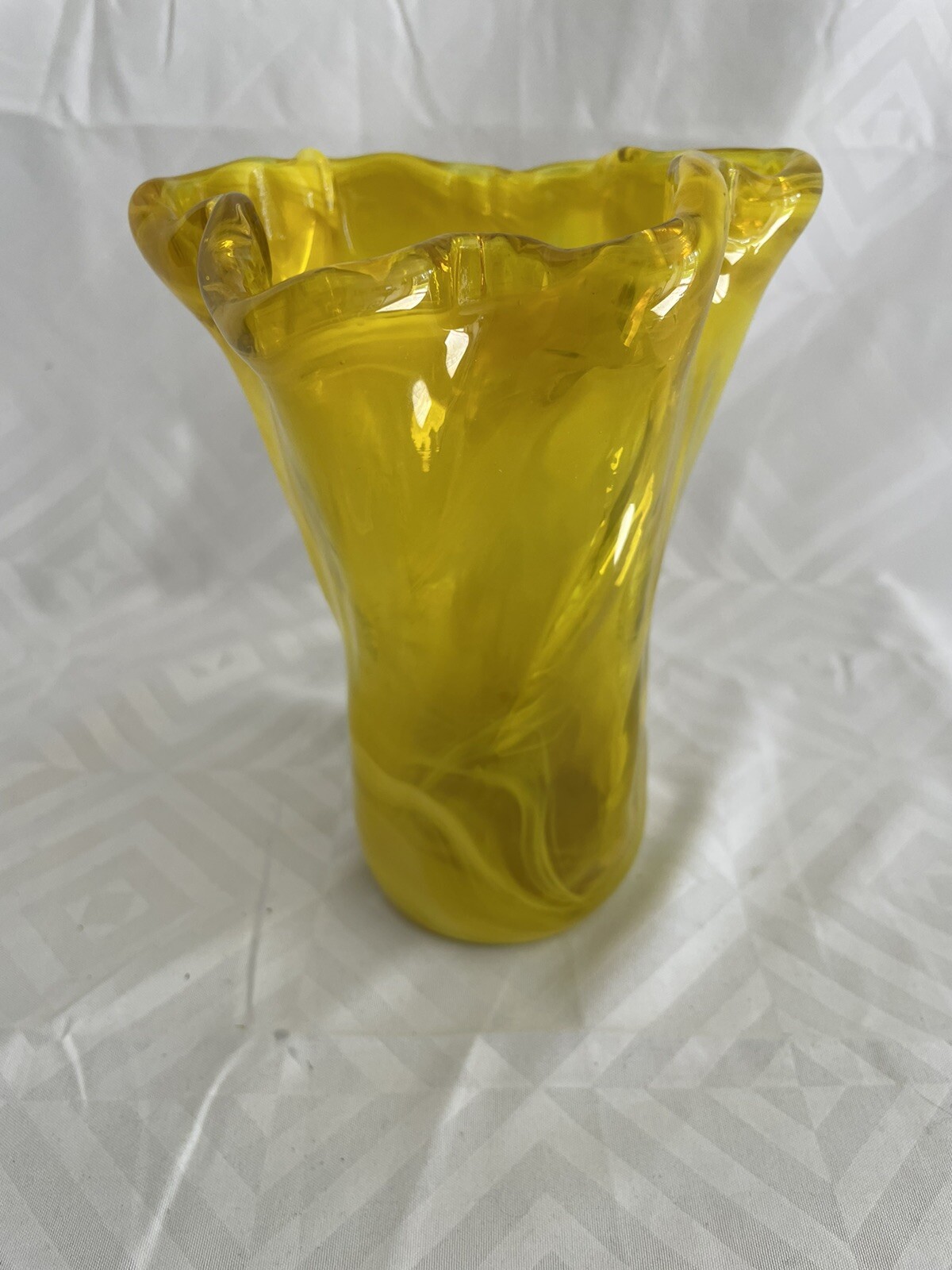 Fluorescent Yellow and White Swirl 6.5” tall Glass Vase, Made in Italy