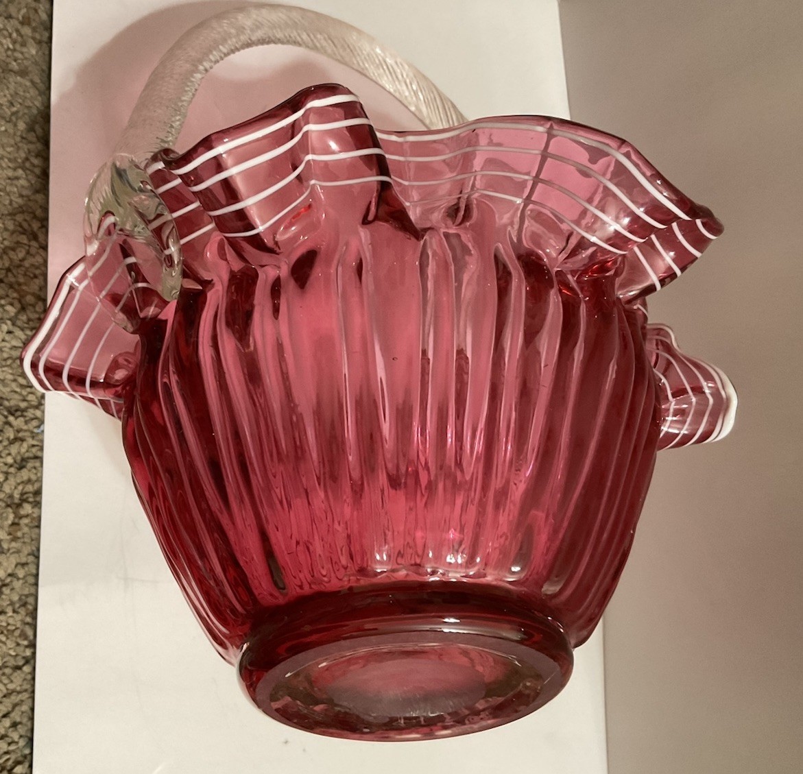 Fenton Cranberry Glass Overlay Ruffled Basket with Handle 1950 Ribbed Art Glass