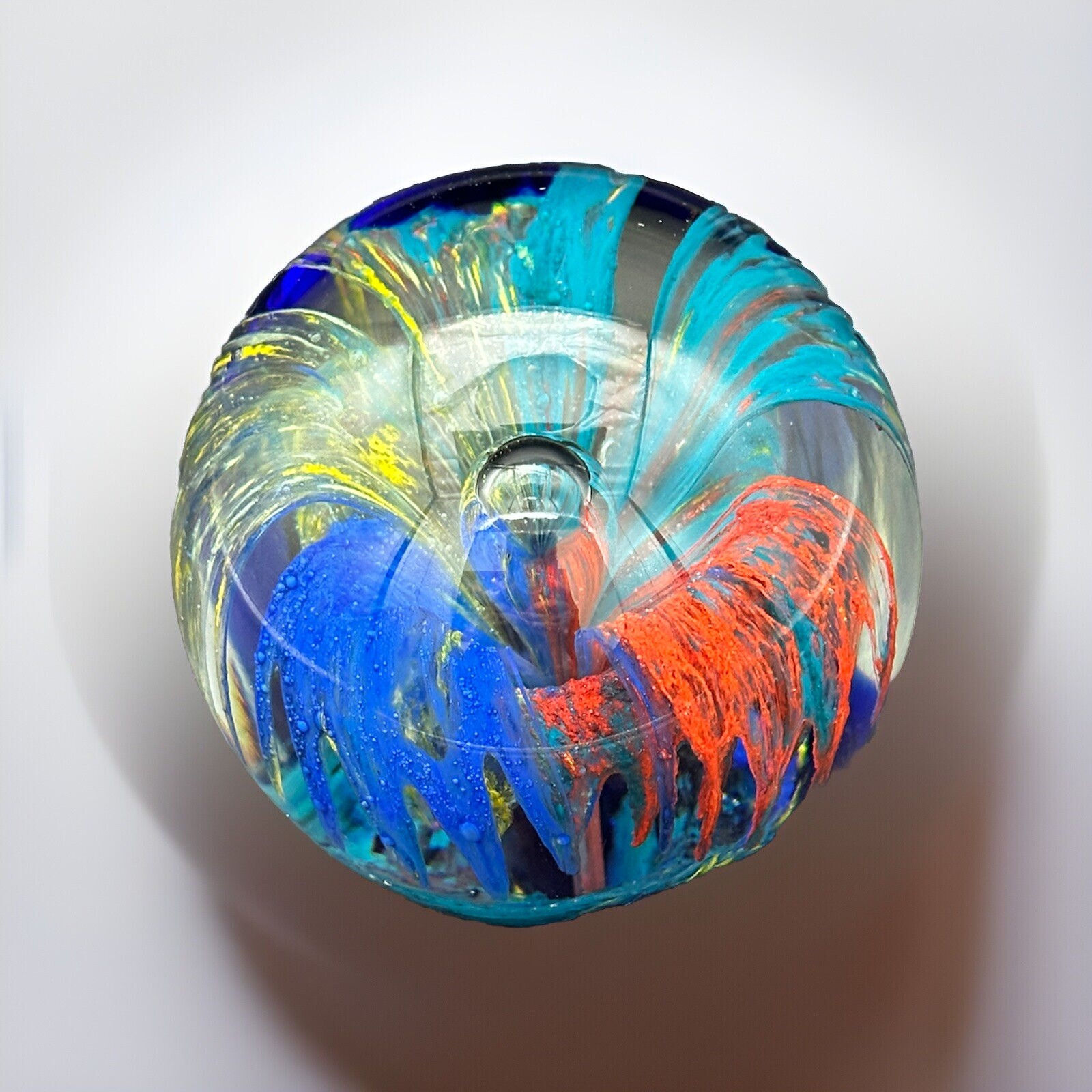 Paperweight GLASS CONTROLLED BUBBLE Abstract Flower Fire Works Cobalt Base Nice!