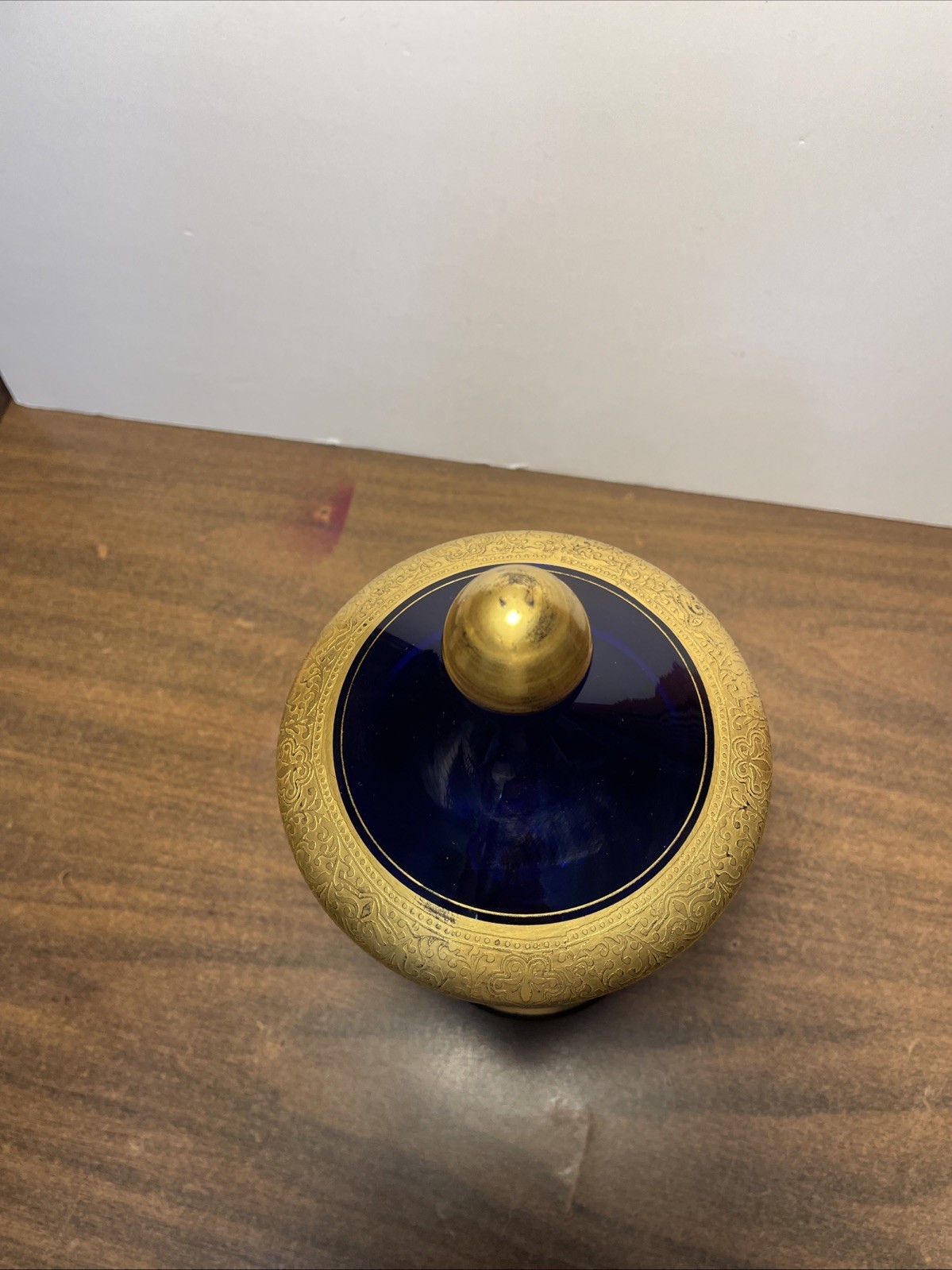 Vintage Cobalt Blue Glass Decorative Jar With Lid Gold Trim Marked Germany