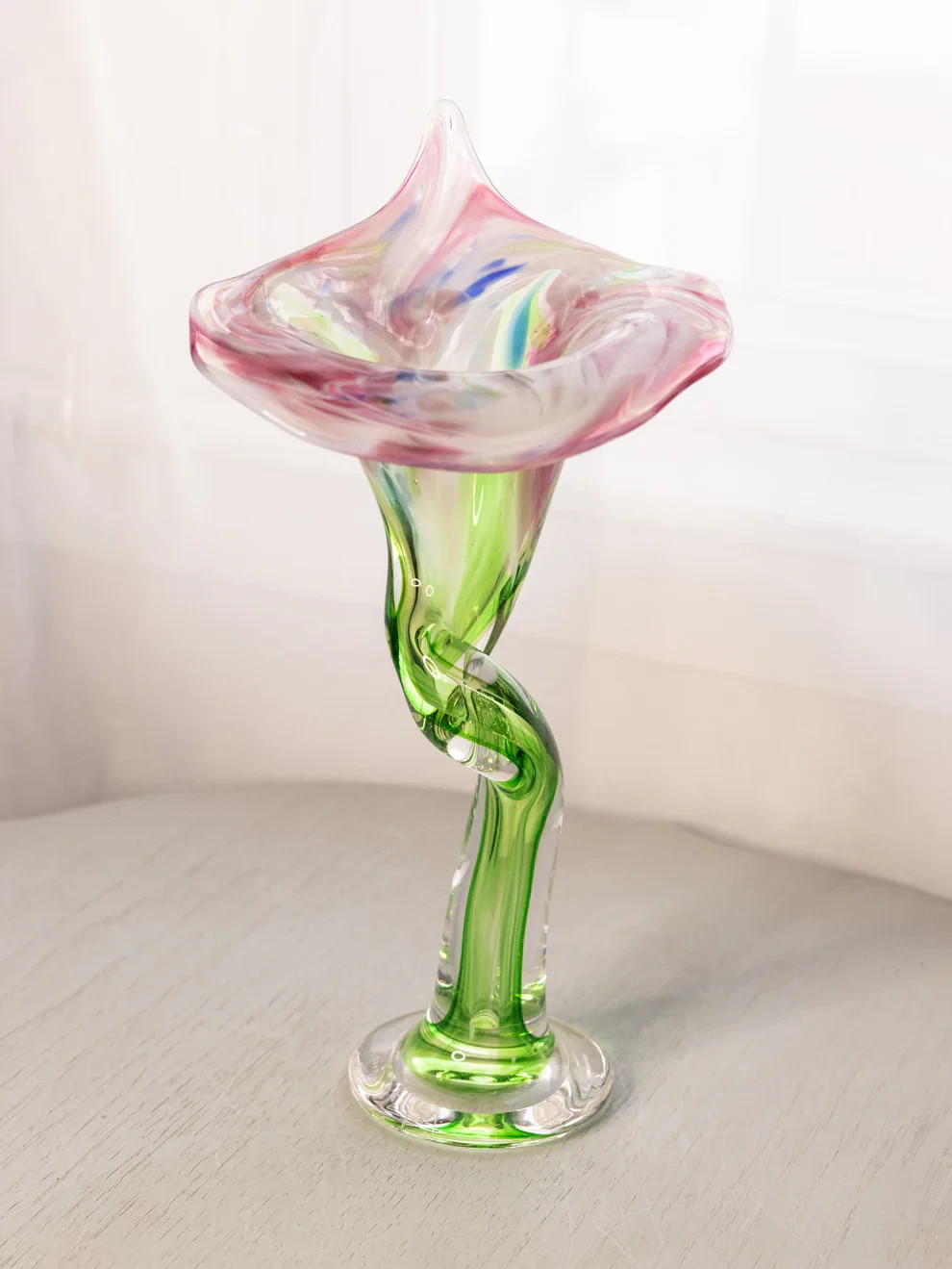 LE Smith Handblown Art Glass Jack-in-the-Pulpit Vase Green Pink White Blue