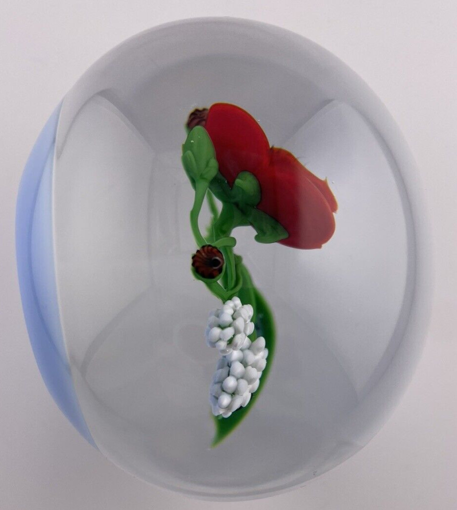 VICTOR TRABUCCO 1988 Orange Poppy On Blue Glass Paperweight Signed/Dated 3.3″