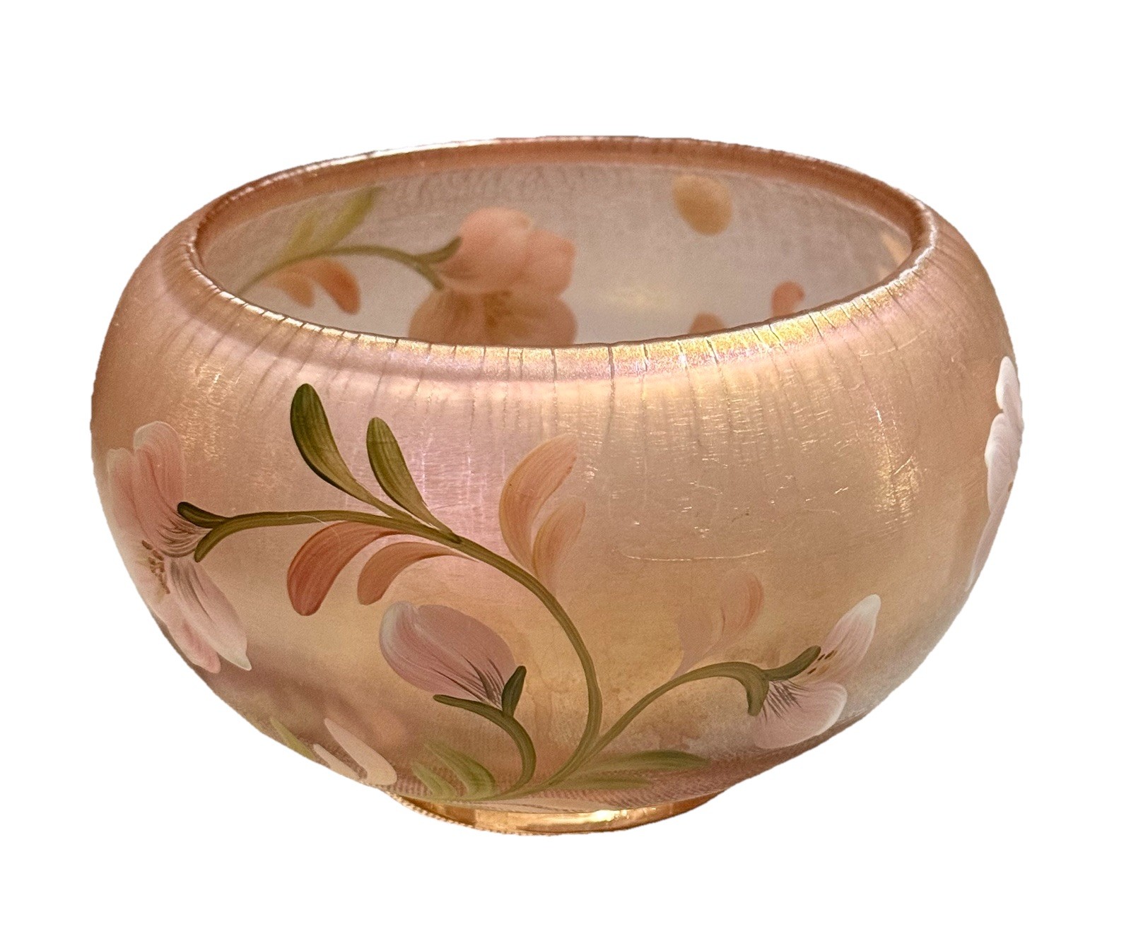 2002 Fenton Art Glass – Sunset Stretch – Rose Bowl – Hand Painted Baroque Floral
