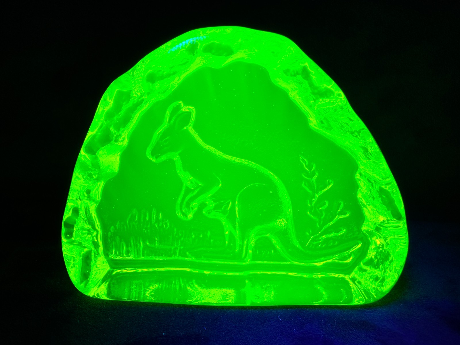 Uranium Glass Kangaroo Solid Paperweight in Vaseline Czech New Glows Green