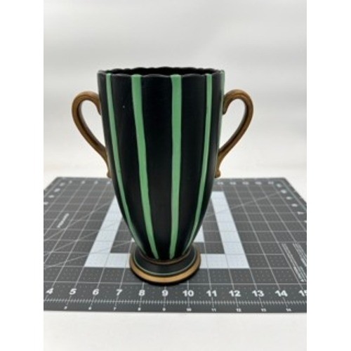 Brentleigh Ware Brummell Vase Art Deco Black Green Striped Gold Handles England