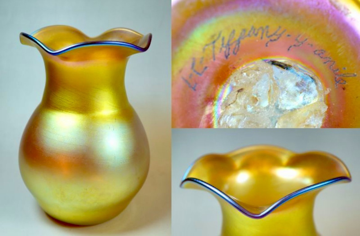 H7.48″ Louis Comfort Tiffany L.C.T. Original Favrile Glass Vase Signed Antique