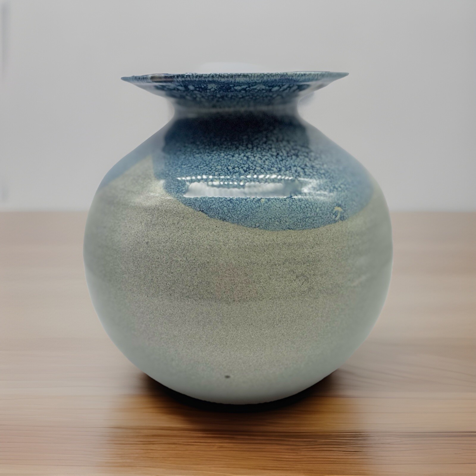 Blue & White Studio Pottery Vase, Round with wide brim signed, Coastal decor