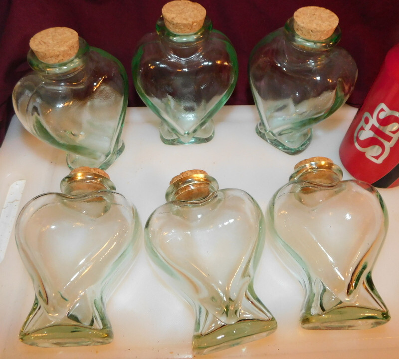 Light Green Heart Shaped Glass Bottle Lot of 6 Bottles Used Excellent Condition