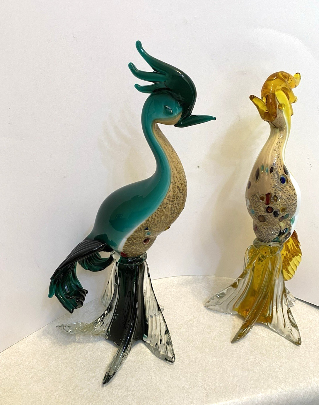 Vintage Murano Glass Bird of Paradise – Rare Pair In Yellow And Green-MCM