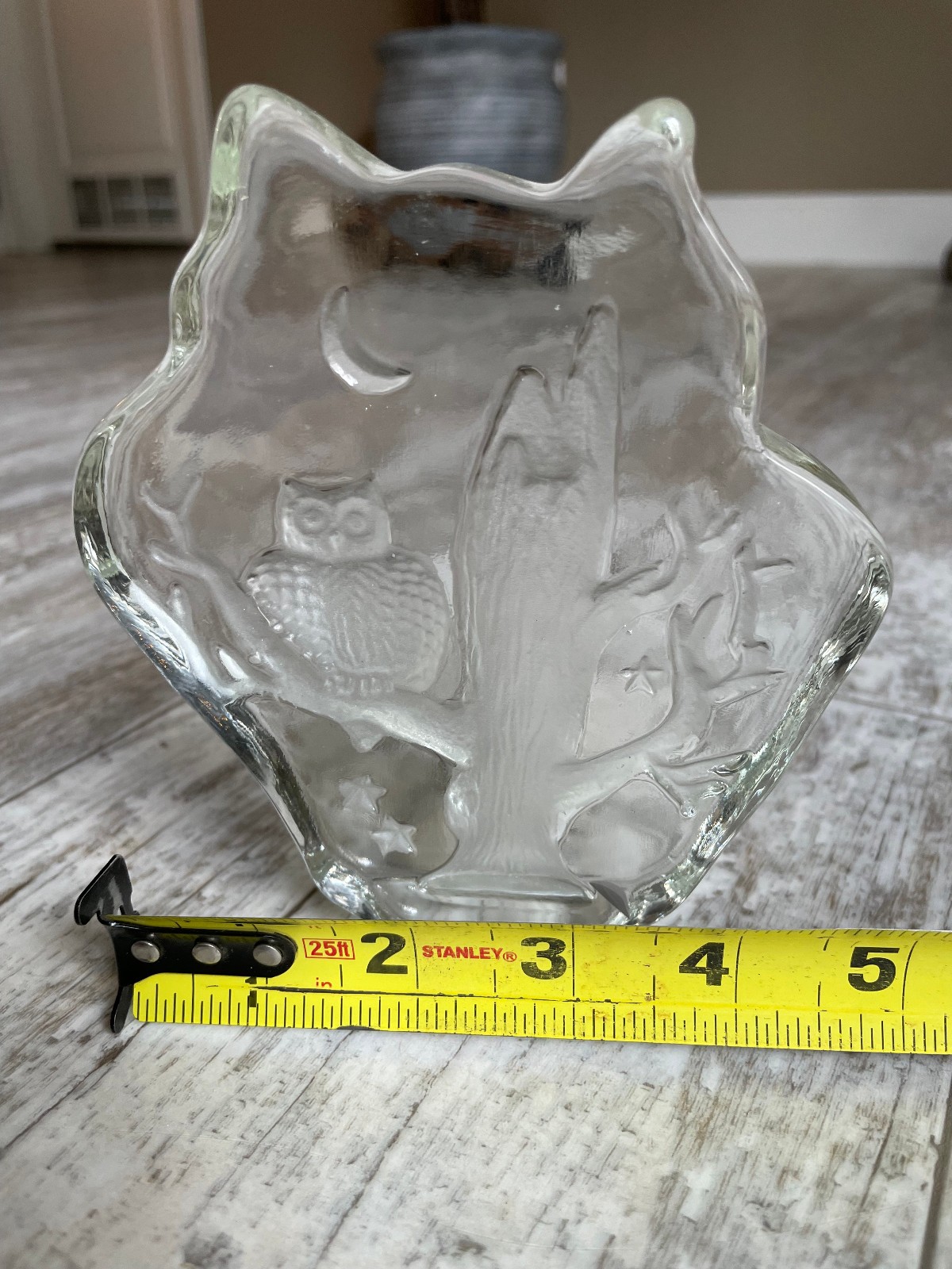 Owl in Tree Owl Shaped Clear Art Glass Paperweight Moon Stars