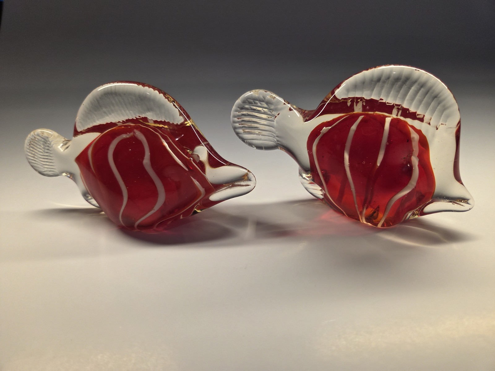 Set of 2 Vintage Italian Art Glass Angelfish Figurines Red & White Swirl MCM