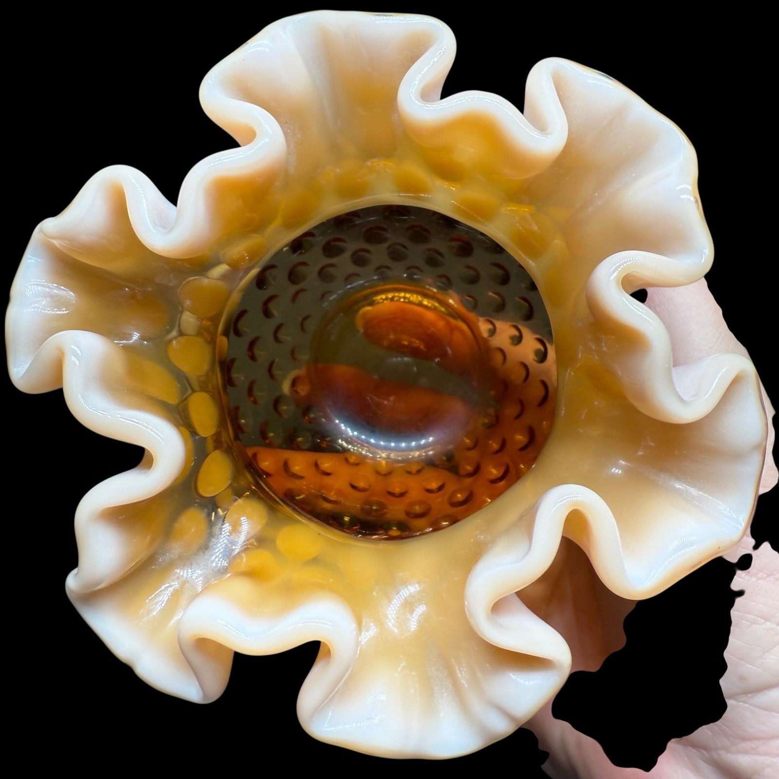 Fenton Carmel Brown Opalescent Hobnail Rose Bowl Ruffled Top 4.5”